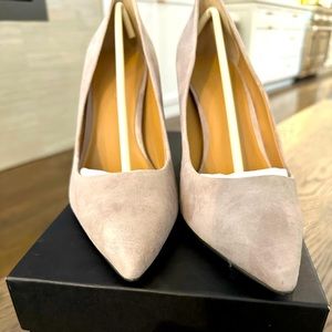 Brand new, in original box. Cream suede pointy block heels